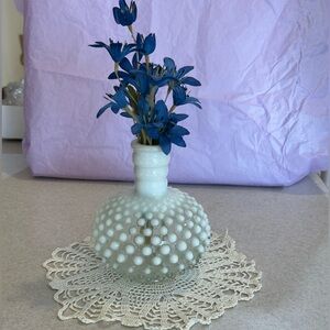 Vintage Fenton Glass Moonstone Perfume Bottle Vase Hobnail Opalescent Clearwhite